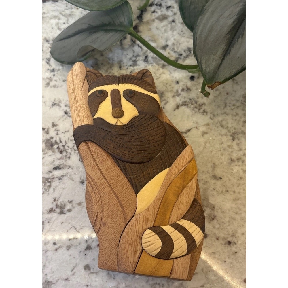 Hand crafted 3D Intarsia Wood Art RACCOON Puzzle Wooden Box Wild Animal